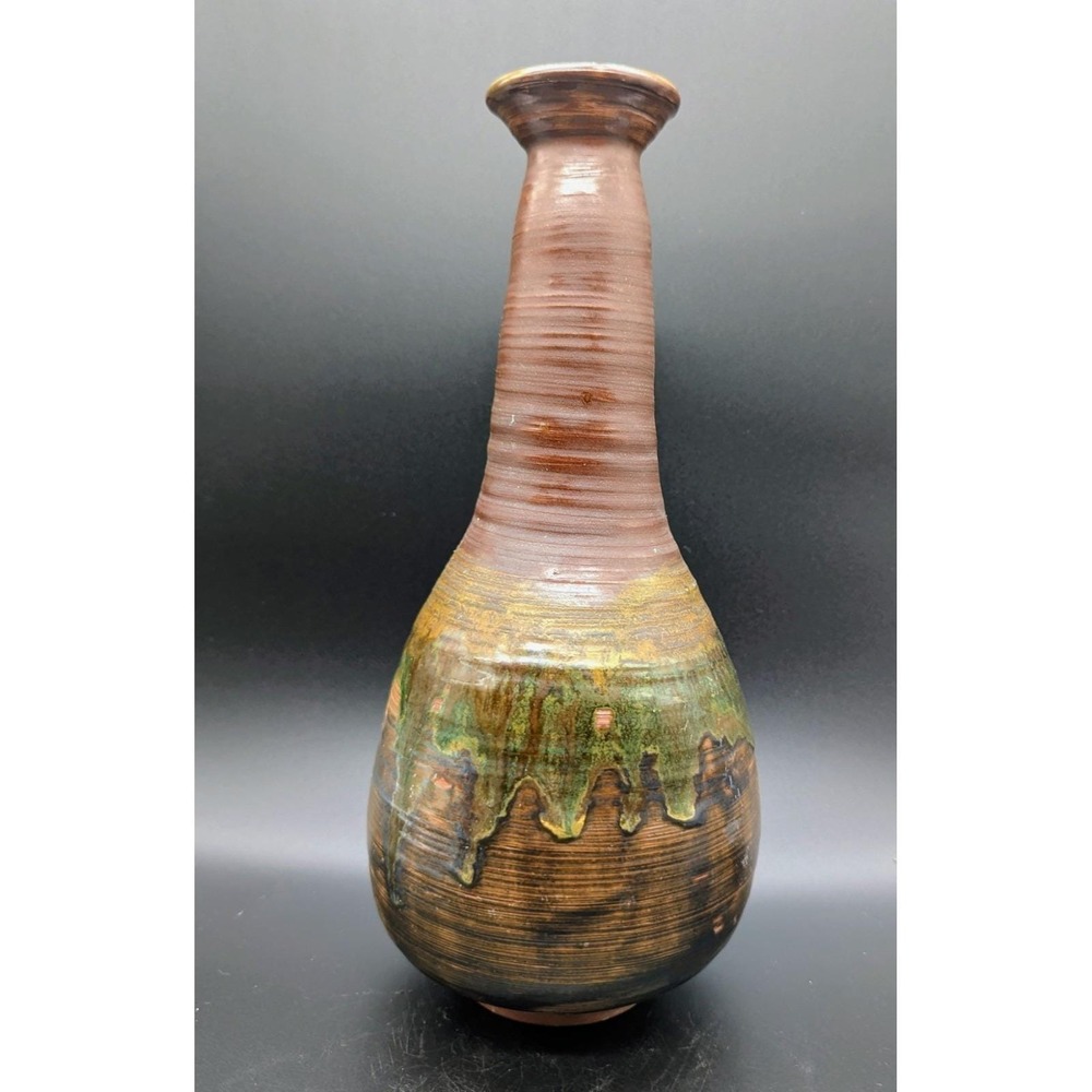 Vintage Studio Art Pottery Vase Green & Brown Drip Glaze Signed MC 11"